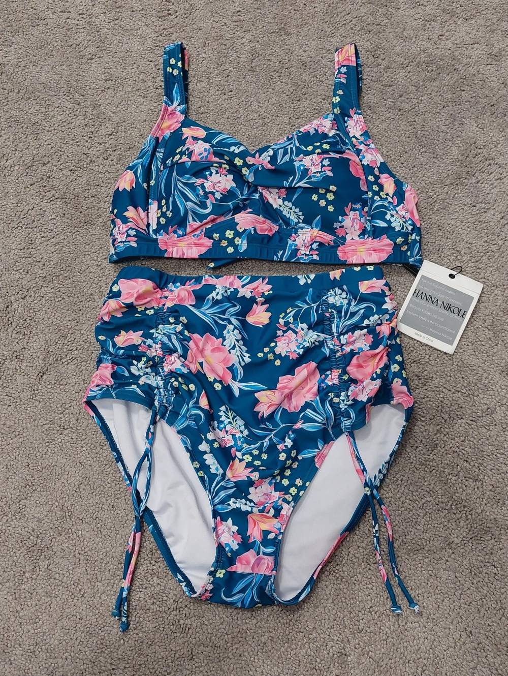 Hanna Nikole Bikini Swimsuit Set Size 12W Blue Pink Floral High Waist